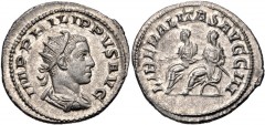 Philip II. AD 247-249. AR Antoninianus (22mm, 4.17 g, 7h). Rome mint, 3rd officina. 11th emission of Philip I, AD 249. Radiate, draped, and cuirassed bust right / Philip I, holding scepter, and Philip