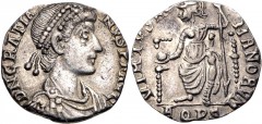 Gratian. AD 367-383. AR Siliqua (14.5mm, 1.13 g, 6h). Aquileia mint. Struck AD 378-383. Pearl-diademed, draped, and cuirassed bust right / Roma seated facing, head left, holding globe and scepter; AQP