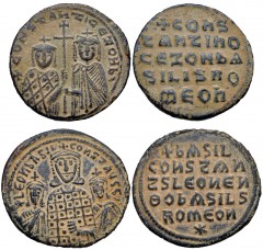 BYZANTINE. Lot of two (2) Æ Folles of Constantine VII and Basil I. Includes: Constantine VII Porphyrogenitus, with Zoe. Æ Follis. SB 1758 // Basil I the Macedonian, with Constantine and Leo VI. SB 171