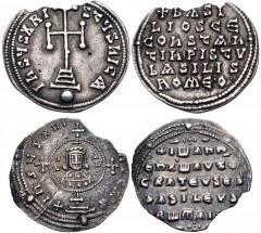 BYZANTINE. Lot of two (2) AR Milarenses of Basil I and John I. Includes: Basil I the Macedonian. SB 1708 // John I Zimisces. SB 1792. VF, toned, both with large edge chips. LOT SOLD AS IS, NO RETURNS.