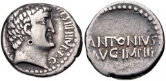 The Triumvirs. Mark Antony. Summer 32 BC. AR Denarius (18mm, 3.69 g, 2h). Athens mint. Bare head right; small P (signature) in hair below ear / ANTONIVS/AVG IMP III in two lines. Crawford 542/2; CRI 3