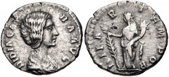 Didia Clara. Augusta, AD 193. AR Denarius (18mm, 2.39 g, 12h). Rome mint. Struck under Didius Julianus. Draped bust right / Hilaritas standing left, holding long palm frond and cornucopia. RIC IV 10 (