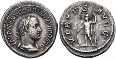 Gordian II. AD 238. AR Denarius (20mm, 2.51 g, 8h). Rome mint. Struck 1-22 April AD 238. IMP M ANT GORDIANVS AFR AVG, laureate, draped, and cuirassed bust right / VIRTVS AVGG, Virtus standing left, ho