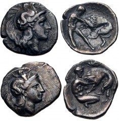 GREEK. Magna Graecia & Sicily. Lot of two (2) AR Diobols of Tarentum in Calabria. Includes: Circa 380-325 BC. AR Diobol (12mm, 0.92 g, 5h). Head of Athena right, wearing helmet decorated with hippocam