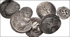 ORIENTAL GREEK. Lot of seven (7) silver coins. Includes: Parthian Drachms (4) // Indo-Parthian (Tanlis Mardates, with Roggodeme [with countermark]) Drachm // Paratarajas Hemidrachms (2). Average Near 