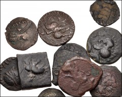 ORIENTAL GREEK–CENTRAL ASIAN. Lot of eleven (11) bronze coins. Various issues. Baktrian, Indo-Skythian, Indo-Parthian, etc. Diameters from 18-23mm. Fine or better. LOT SOLD AS IS, NO RETURNS. Eleven (