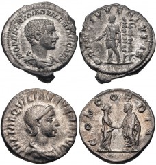 ROMAN. Imperial. Lot of two (2) AR Denarii of Diadumenian and Aquilia Severa. Includes: Diadumenian. Prince standing left; two standards to right. RIC IV 109; RSC 14 // Aquilia Severa. Aquilia and Ela