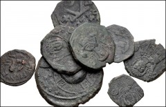 BYZANTINE. Lot of eight (8) coins. Miscellaneous rulers. Includes: Æ Follis // Æ Half Follis // Æ Decanummium // Æ Tetarteron (4) // Æ Half Tetarteron. Average Near VF. LOT SOLD AS IS, NO RETURNS. Eig