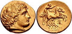 KINGS of MACEDON. Philip II. 359-336 BC. AV Stater (19mm, 8.55 g, 11h). Magnesia mint. Struck circa 323-316 BC. Laureate head of Apollo right / Charioteer driving biga right, holding kentron in right 