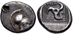 DYNASTS of LYCIA. Vekhssere I. Circa 450-430/20 BC. AR Tetrobol (13mm, 2.61 g, 9h). Helmeted head of Athena right / Triskeles; diskeles in lower right corner; all within dotted square border within in