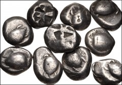 GREEK. Central & Southern Greece. Lot of ten (10) AR Staters of Aegina. Includes: Sea turtle // Windmill pattern (3) // Sea turtle / Skew pattern (7). Fair to Fine, the usual centering problems. LOT S