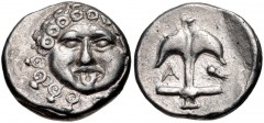 THRACE, Apollonia Pontika. Late 5th-4th centuries BC. AR Drachm (14mm, 2.87 g, 7h). Facing gorgoneion; spiral ornament / Upright anchor; A to left, crayfish to right. SNG BM Black Sea 160-1; SNG Copen