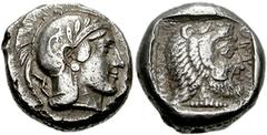 DYNASTS of LYCIA. Kherei. Circa 410-390 BC. AR Stater (17mm, 8.57 gm). Telmessos mint. Helmeted head of Athena right, wearing crested Attic helmet decorated with four olive leaves and spiral; Lycian l