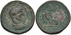 SYRIA, Coele-Syria. Damascus. Valerian I. AD 253-260. Æ (31mm, 25.48 g, 12h). Laureate, draped, and cuirassed bust right / Two eagles flanking vexillum inscribed LЄ[G/ III G?] in two lines; in exergue