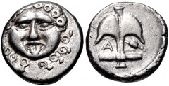 THRACE, Apollonia Pontika. Late 5th-4th centuries BC. AR Drachm (13mm, 2.84 g, 4h). Facing gorgoneion; spiral ornament / Upright anchor; A to left, crayfish to right. Topalov, Apollonia 45; SNG BM Bla