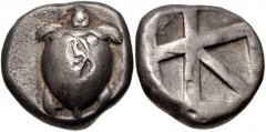 ISLANDS off ATTICA, Aegina. Circa 480-457 BC. AR Stater (20mm, 12.18 g, 12h). Sea turtle with trefoil collar; two countermarks: dolphin(?) in incuse rectangle, and club(?) in incuse rectangle / Large 
