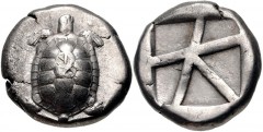 ISLANDS off ATTICA, Aegina. Circa 456/45-431 BC. AR Stater (20mm, 12.14 g, 3h). Land tortoise with segmented shell, head in profile; two countermarks: both uncertain design in incuse square / Large sq