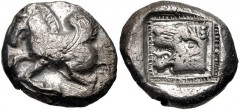 DYNASTS of LYCIA. Uncertain dynast. Circa 490/80-440/30 BC. AR Stater (19mm, 9.38 g, 10h). ‘Protodynastic’ period, Group B. Pegasos flying left / Head of lion left in segmented linear square within in