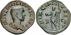 Philip II. As Caesar, AD 244-247. Æ Sestertius (29mm, 16.32 g, 12h). Rome mint, 3rd officina. 5th emission of Philip I, AD 246. M IVL PHILIPPVS CAES, bareheaded and draped bust right / PRINCIPI I VVEN