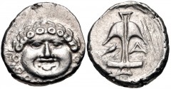 THRACE, Apollonia Pontika. Late 5th-4th centuries BC. AR Drachm (14mm, 2.85 g, 11h). Facing gorgoneion; spiral ornament / Upright anchor; crayfish to left, A to right. Topalov, Apollonia 45; SNG BM Bl