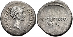 The Triumvirs. Octavian and Agrippa. 38 BC. AR Denarius (18mm, 3.68 g, 12h). Military mint travelling with Agrippa in Gaul or with Octavian in Italy. Bare head of Octavian right, wearing slight beard 
