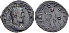 Pupienus. AD 238. Æ Sestertius (32mm, 21.75 g, 12h). Rome mint. 1st emission. Laureate, draped, and cuirassed bust right / Pupienus standing left, holding branch and parazonium. RIC IV 15; BMCRE 51; B