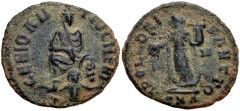 temp. Maximinus II. AD 310-313. Æ (16mm, 1.53 g, 5h). ‘Persecution’ issue. Antioch mint, 8th officina. Struck AD 310-313. Tyche seated facing; river-god Orontes swimming below / Apollo standing left, 