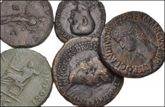 ROMAN. Imperial. Lot of five (5) Æ Sestertii. Includes: Drusus Senior // Nero // Domitian // Commodus // Herennius Etruscus. Coins Good Fine to VF, evidence of smoothing and tooling. LOT SOLD AS IS, N