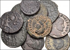 ROMAN. Imperial. Lot of ten (10) Æ Folles and Late Roman Issues. Includes: Galerius // Galeria Valeria // Maxentius // Licinius // Consatntius II (3) // Theodosius I (2) // Valentinian II. Coins Fine 