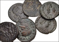 ROMAN. Imperial. Lot of six (6) Æ Folles and Late Roman Issues. Includes: Maxentius // Constantius II // Gratian (2) // Theodosius I // Valentinian II. Coins mostly VF, brown patina. LOT SOLD AS IS, N