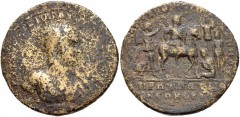 MYSIA, Pergamum. Caracalla. AD 198-217. Æ Medallion (44mm, 34.76 g, 6h). Laureate, draped, and cuirassed bust right / Caracalla riding horse right, holding spear and being crowned by Nike to left; to 