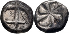THRACE, Apollonia Pontika. Late 5th-4th centuries BC. AR Drachm (13mm, 4.22 g). Anchor; crayfish to right / Swastika within incuse. Topalov, Apollonia 9; SNG BM Black Sea 148. VF, uneven tone. Ex Dani