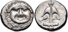 THRACE, Apollonia Pontika. Late 5th-4th centuries BC. AR Drachm (14mm, 2.80 g, 5h). Facing gorgoneion / Upright anchor; crayfish to left, A to right. Topalov, Apollonia 45; SNG BM Black Sea 160-1 var.