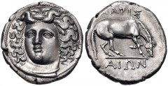 THESSALY, Larissa. Circa 365-356 BC. AR Drachm (18mm, 5.99 g, 6h). Head of the nymph Larissa facing slightly left, with hair in ampyx / ΛAPIΣ AIΩN above and below, horse right, preparing to lie down. 