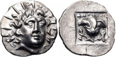 ISLANDS off CARIA, Rhodos. Rhodes. Circa 125-88 BC. AR Hemidrachm (13mm, 1.44 g, 12h). ‘Plinthophoric’ coinage. Antaios, magistrate. Radiate head of Helios facing slightly right / Rose with bud to lef