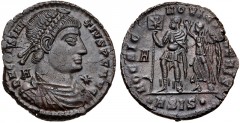 Constantius II. AD 337-361. Æ Centenionalis (22mm, 5.72 g, 1h). Siscia mint, 1st officina. Struck AD 350. Pearl-diademed, draped, and cuirassed bust right; A to left, star to right / Constantius stand