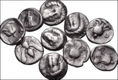 GREEK. Asia Minor. Lot of ten (10) Hemidrachms of Rhodes and Ephesos. Includes: Rhodes. Head of Helios facing slightly right / Rose with bud. A few with symbols. (9) // Ephesos. Bee / Quadripartite in