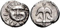 THRACE, Apollonia Pontika. Late 5th-4th centuries BC. AR Drachm (14mm, 2.85 g, 6h). Facing gorgoneion; spiral ornament / Upright anchor; A to left, crayfish to right. Topalov, Apollonia 45; SNG BM Bla