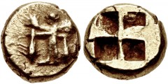 MYSIA, Kyzikos. Circa 600-550 BC. EL Hemihekte – Twelfth Stater (8mm, 1.36 g). Winged male figure standing left, holding two tunnies by the tail / Quadripartite incuse square. Cf. Von Fritze I 27 (sta