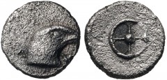 WESTERN ASIA MINOR, Uncertain mint. 5th-4th centuries BC. AR Tetartemorion (5.5mm, 0.17 g). Head of eagle right; Λ-Y flanking / Wheel with four spokes. Unpublished, but cf. CNG E-334, lot 119 for a po