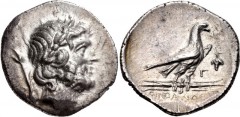 LYCIA, Oinoanda. Circa 200 BC. AR Didrachm (22mm, 7.45 g, 12h). Laureate head of Zeus right; [B and] scepter to left / Eagle standing right on winged thunderbolt; grape bunch and Γ to right; OINOAMΔЄ 