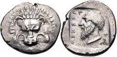 DYNASTS of LYCIA. Mithrapata. Circa 390-370 BC. AR Stater (25mm, 9.53 g, 2h). Facing lion scalp / Head of Mithrapata left; triskeles to lower right; all within incuse square. Mildenberg, Mithrapata 11