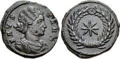 Fausta. Augusta, AD 324-326. Æ Follis (18mm, 3.50 g, 6h). Thessalonica mint. Struck under Constantine I, AD 318-319. Draped bust right / Eight-pointed star within wreath. RIC VII 51; LRBC 824. Near EF