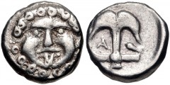 THRACE, Apollonia Pontika. Late 5th-4th centuries BC. AR Drachm (13mm, 2.80 g, 5h). Facing gorgoneion / Anchor; A to left, crayfish to right. Topalov, Apollonia 45; SNG BM Black Sea 160–1. Good VF. Ar