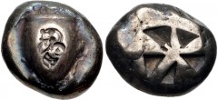 ISLANDS off ATTICA, Aegina. Circa 525-480 BC. AR Stater (17mm, 11.27 g). Sea turtle, head in profile, with thick collar [and row of dots down its back] / Incuse square of ‘Union Jack’ pattern with thr