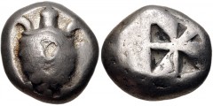 ISLANDS off ATTICA, Aegina. Circa 525-480 BC. AR Stater (16.5mm, 11.90 g). Proto-tortoise with trefoil collar / Incuse square with ‘proto-skew’ pattern. Meadows, Aegina, Group IIb; HGC 6, 432. Good Fi