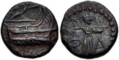 LYCIA, Phaselis. Circa 190-167 BC. Æ (16mm, 3.62 g, 12h). Prow of galley right; above, Nike flying right, holding wreath / Athena Promachos right. Heipp-Tamer B57; SNG Copenhagen 126. VF, dark green p