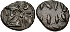 KINGS of ELYMAIS. Uncertain early Arsakid kings. Late 1st century BC-early 2nd century AD. Æ Drachm (16mm, 3.64 g). Uncertain mint. Diademed and draped bust left, wearing long pointed beard; to right,