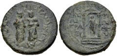 MYSIA, Pergamum. Augustus, with Caius and Lucius Caesars. 27 BC-AD 14. Æ (20mm, 5.65 g, 12h). Kephalion, grammateus. Struck circa AD 1. Demos of Pergamum standing slightly left, crowning Demos of Sard