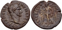 LYDIA, Stratonicaea-Hadrianopolis. Trajan. AD 98-117. Æ (19mm, 3.31 g, 12h). AY NЄPBAN TPAIANON CЄ, laureate head right / INΔ[ЄI CT]PATONЄI, Nike advancing left, holding wreath and palm frond. SNG von